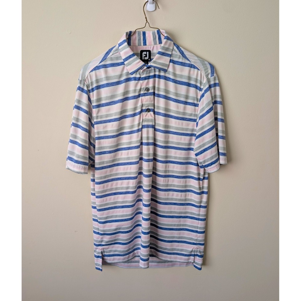 FootJoy Golf Men's M Regular Short Sleeve Striped Polo Blue Pink Gray Logo